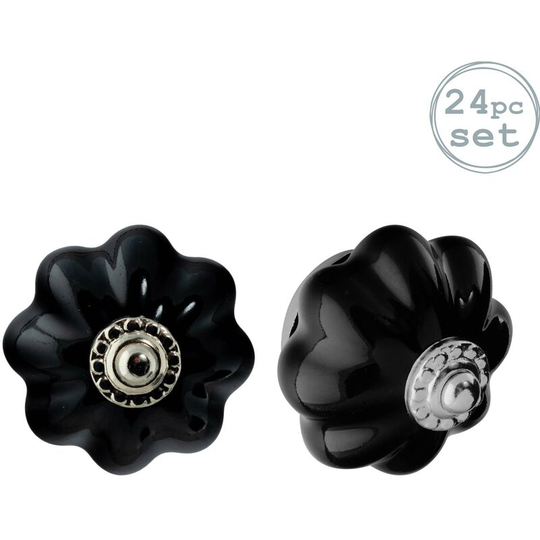Nicola Spring Floral Ceramic Cabinet Knobs - Black - Pack of 24