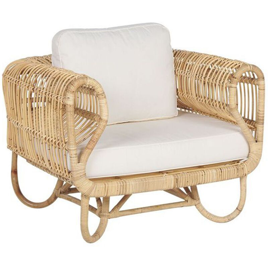 Natural Rattan Armchair with Cotton Cushions Beige Wicker Boho Dolcedo - Natural