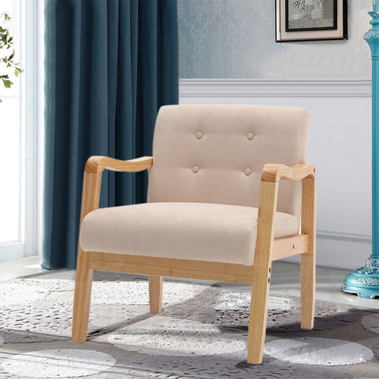 Modern Linen Fabric Buttoned Armchair Soild Wooden Frame, Beige - Livingandhome