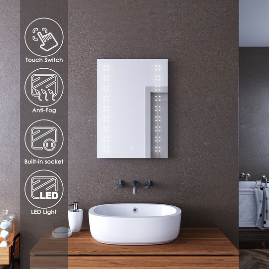 Bathroom Mirror Lights Mirror with Shaver Socket 500 x 700mm Bathroom Mirror Anti Fog Wall Mounted Mirror - Elegant