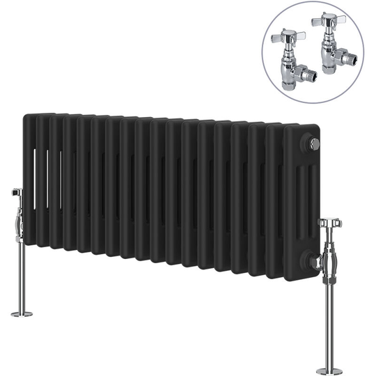 Black Traditional Cast Iron Style Radiator with Chrome Angled Cross Head Manual Valves Horizontal 3 Column 300x832mm