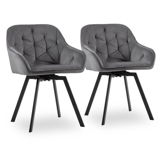 2 x Dining Chairs, Velvet Thick Padded 360°Swivel Armchair with Backrest and Metal Legs, Grey