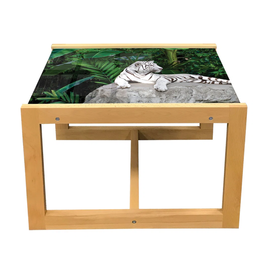 Savannah Coffee Table, White Tiger Setting On Stone Tropic Plants Leaves Wild Jungle Majestic, Acrylic Glass Center Table With Wooden Frame For Office
