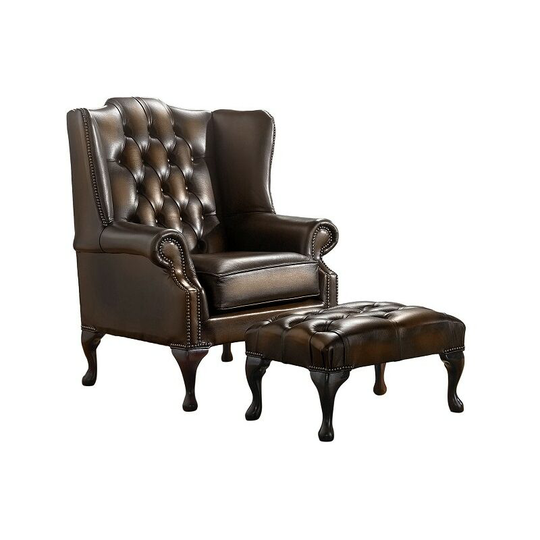 Chesterfield Handmade Mallory Flat Wing Back Armchair Antique Brown Leather + Footstool