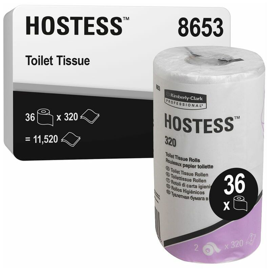 8653, Standard Roll Toilet Tissue, 2 ply, White, 36 rolls x 320 sheets - White - Hostess