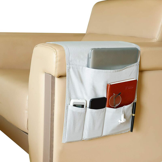 Sofa Armchair Organizer, Remote Control Holder, Sofa Armrest Caddy with 5 Pockets, Armrest Hanging Storage Bag for Magazine, Books, Glasses, Gray