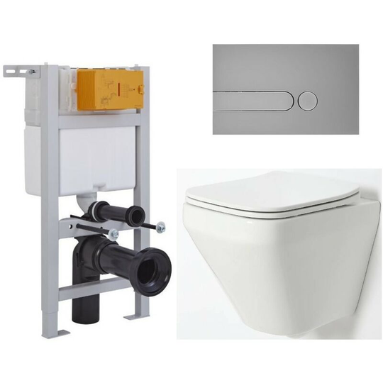 Farington - White Ceramic Modern Bathroom Wall Hung Rimless Toilet with Short Wall Frame, Cistern and Satin Chrome Square Dot Flush Plate - Milano