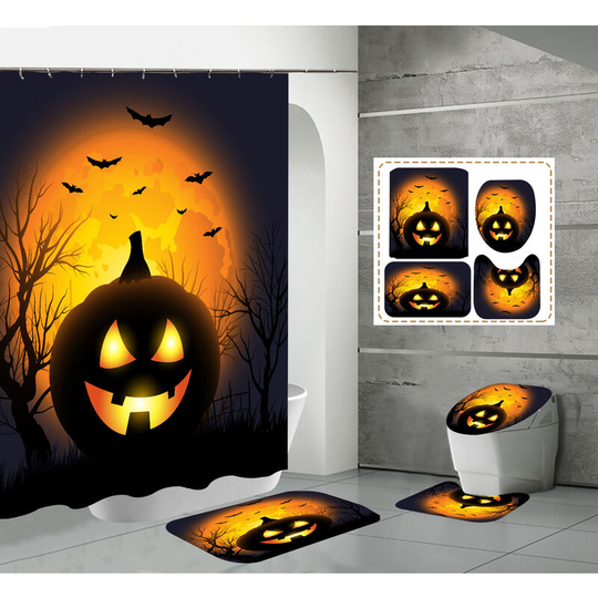 Shower Curtain Sets 4 Piece,Halloween Pumpkin Skull Castle Print Shower Curtain Non Slip Bathroom Carpet Pedestal Rug Toilet Seat Cover Decor