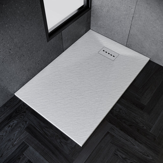 Anti-Slip Shower Tray for Enclosure Wet Room Slimline White Rectangular Stone Tray 1200 x 700 x 30 mm + Free Waste Trap + Slate Drain Cover - Elegant