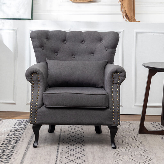 Chesterfield Armchair Thick Cushion with Lumbar Pillow, Dark Grey - Livingandhome