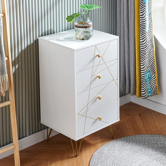White Chest Of Drawers Storage Cabinet With 4 Drawers Golden Line Carving Bedroom Living Room Furniture