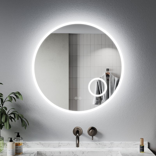 Smart Bathroom Mirror Round with Sensor Touch Switch, Demester Pad, 3X Magnification 600 x 600 mm led Illuminated Lights Mirror - Elegant
