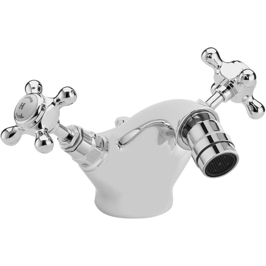Topaz Hexagonal Collar Bidet Mixer Tap with Waste Crosshead Handle - White/Chrome - Hudson Reed