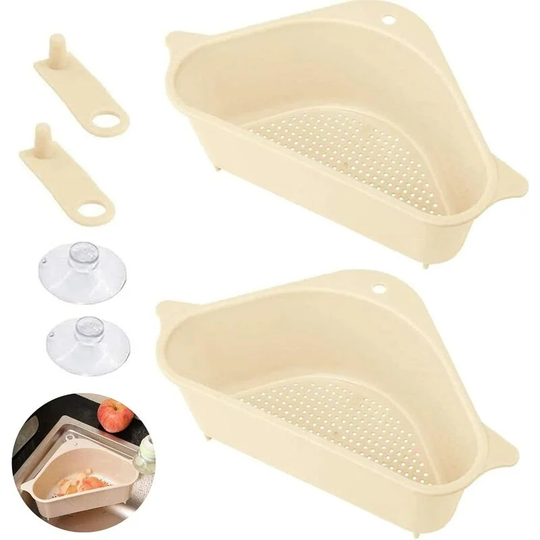 Perle Rare - 2 Pack Strainer Sink Storage Rack, Sink Drainer Strainer with Triangular Filter Drain Tray with Suction Cup Kitchen Sink, Beige
