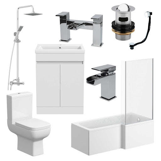 Amelie Bathroom Suite with L Shape Bath, Taps, Shower, Screen & Artis Vanity Unit - Right Hand 1700mm