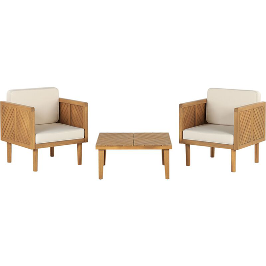 Outdoor Indoor Bistro Set Armchairs Coffee Table White Cushions Baratti - Light Wood