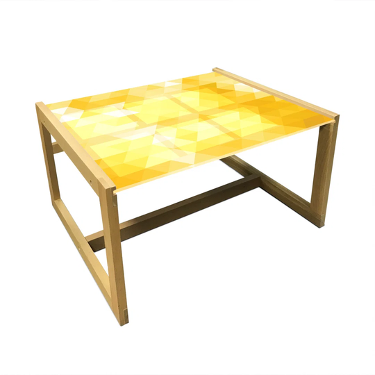 Yellow Coffee Table, Abstract Triangle Geometrical Shaded Patterns With Modern Mosaic Illustration Motifs, Acrylic Glass Center Table With Wooden Fram