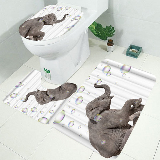 Augienb - Modern Elephant Bathroom Shower Curtain and Toilet Cover 3PCS