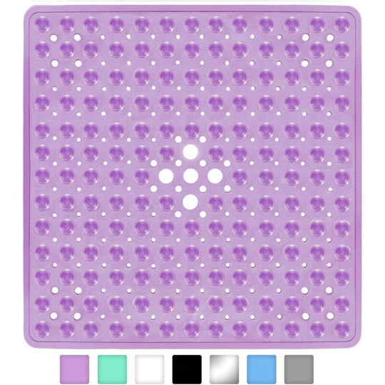 21 x 21 In Shower Mat for Bathtub, Non-Slip with Drain Holes Machine Washable, Clear Purple