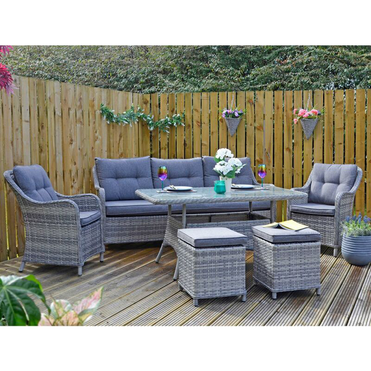Garden Dining Set 7 Seat Grey Rattan Furniture Sofa Armchairs Stools Table - Grey - Azuma