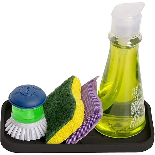 Bar Mat, Silicone Kitchen Sink Holder, Sponge Soap Dispenser Storage Tray, Silicone (25.5 x 14 Black)