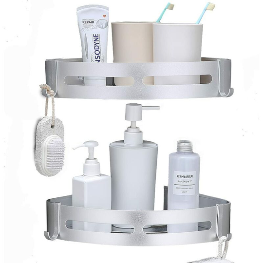 Bathroom Corner Shelves Shower Caddy Corner with Hooks No Drilling Alunimun Bathroom Shelf Kitchen Storage Organizer (Silver)(Silver)