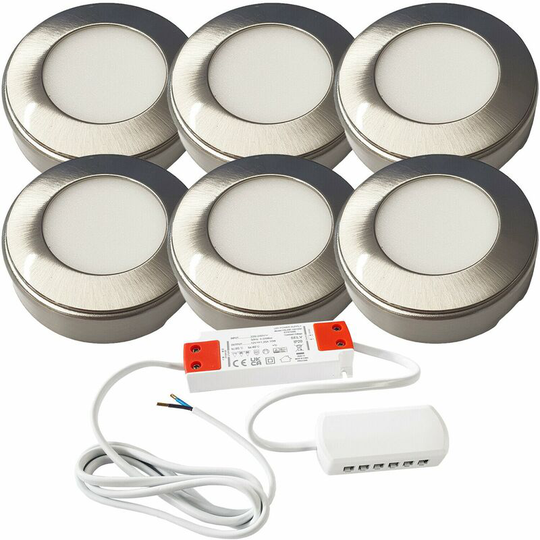 Loops - 6x brushed nickel Round Surface or Flush Under Cabinet Kitchen Light & Driver Kit - Warm White led