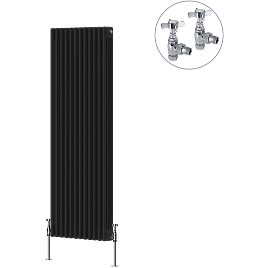 NRG - Black Traditional Cast Iron Style Radiator with Chrome Angled Cross Head Manual Valves Vertical 3 Column 1500x562mm