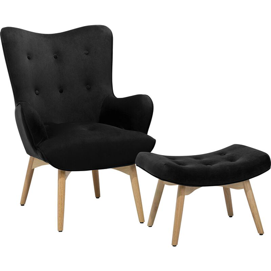 Beliani - Mid-Century Modern Velvet Fabric Wingback Chair with Ottoman Set Black Vejle - Black