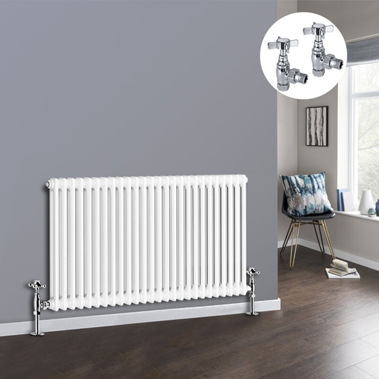 NRG - White 2 Column Traditional Cast Iron Style Radiator with Chrome Angled Cross Head Manual Valves Horizontal 600x1190mm