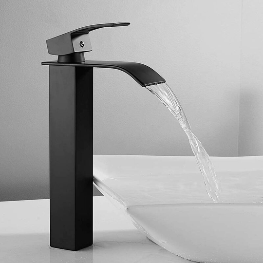 Waterfall Type Hot and Cold Water Faucet Square Chrome Kitchen Faucet Single Hole Kitchen Faucet Modern Cart Bathroom Cold Water Sink (Black, Tall