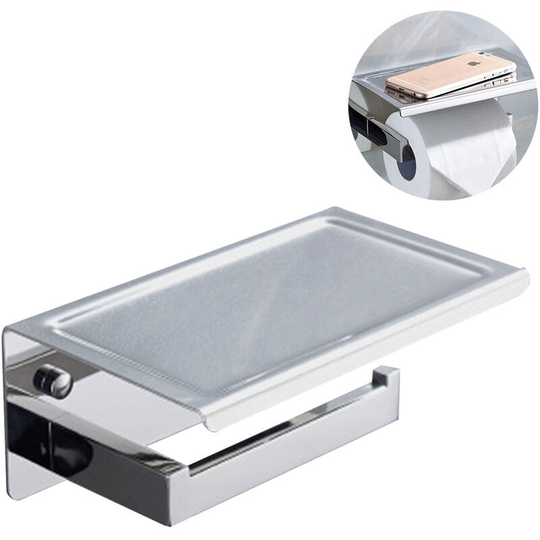 Brushed Nickel Toilet Paper Holder with Shelf Stainless Steel Bathroom Square Modern Anti Rust Wall Mounted Tissue Dispenser Plus Cell Mob-Bright