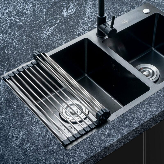 Perlerare - stainless steel Dish Drainer Black Kitchen Folding and Removable Stainless Steel Roller Dryer for Sink Draining Mesh Basket 37CM*28CM