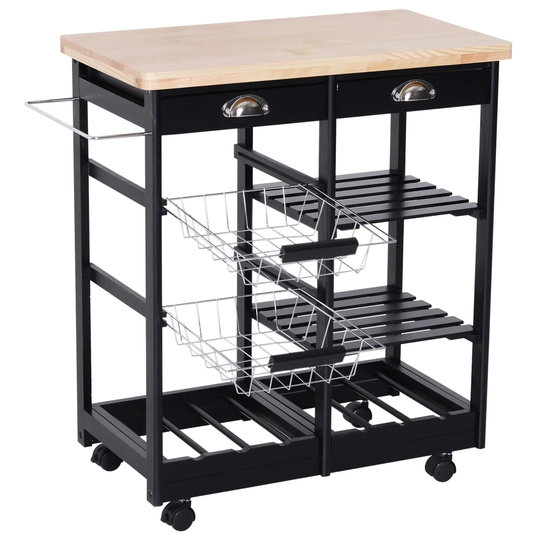 Pancoast 74 Cm Iron Kitchen Trolley with Solid Wood Top and Locking Wheels