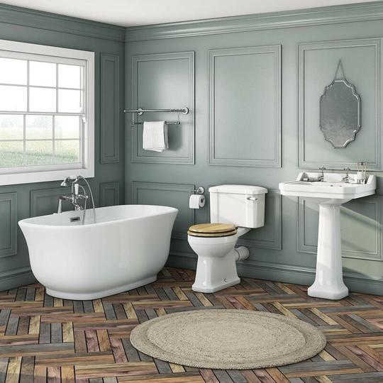 The Bath Co. Camberley freestanding bath suite with oak effect seat - White / Oak