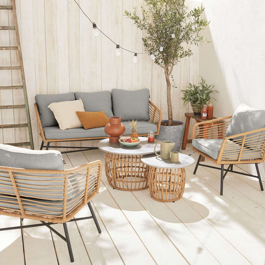 Alice's Garden - 5-seater rattan garden sofa set with 2 side tables - ubud - 3-seater sofa and 2 armchairs set, heather grey cushions - Wood