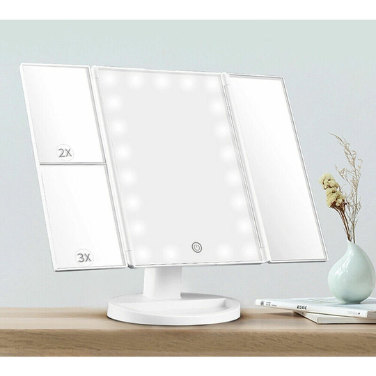 Miqu - Makeup Mirror with lights,Magnifying Lighted Led Mirror, Tri-Fold 1/2/3X Magnification,Free Standing Mirror for Bathroom Counter top, Dressing