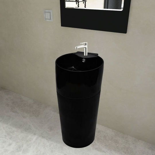 Ceramic Stand Bathroom Sink Basin Faucet/Overflow Hole Black Round VD04221