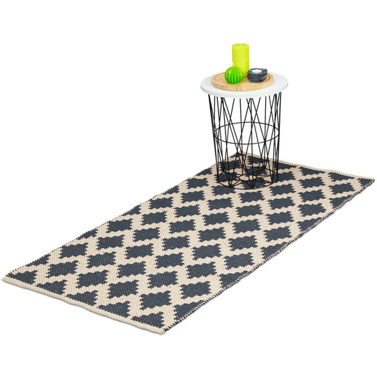 Cotton Runner Rug, 70 x 140 cm, Non-slip, Hand-Woven, Diamond Pattern, Decorative Carpet for Any Room, Grey - Relaxdays