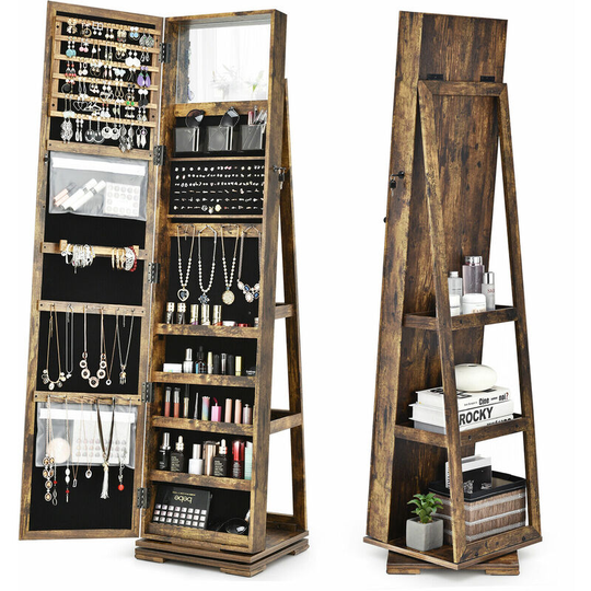 3-in-1 Jewelry Cabinet 360° Swivel Mirrored Jewelry Armoire W/Display Shelf