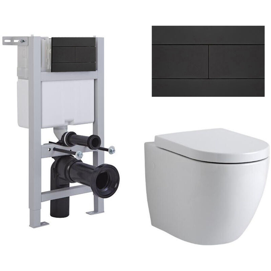 Milano - Irwell - White Ceramic Modern Bathroom Wall Hung Round Toilet wc with Short Wall Frame Cistern and Black Flush Plate