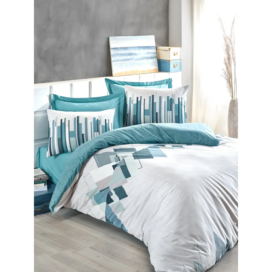 Mya Petrol/Green/White 100% Cotton Duvet Cover Set