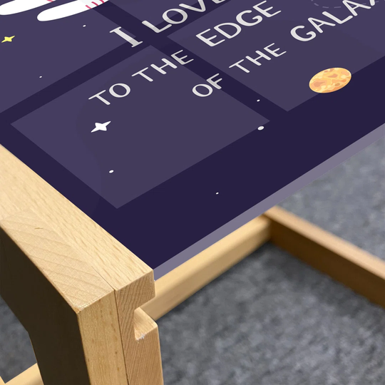 Universe Coffee Table, I Love You To The Edge Of The Galaxy Typography With Astronauts, Acrylic Glass Center Table With Wooden Frame For Offices Dorms