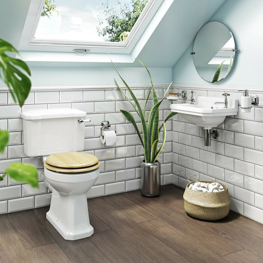 The Bath Co. Camberley cloakroom suite with oak soft close seat - White/oak