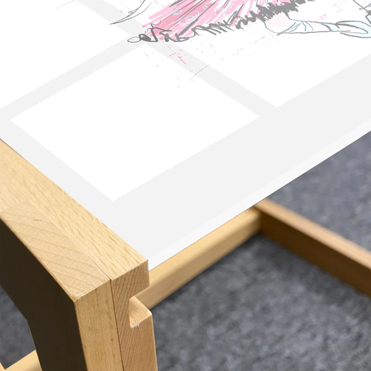 Ballerina Coffee Table, Curly Blonde Haired Dancer Girl Pencil Drawing In Muted Tones Funny Doodle, Acrylic Glass Center Table With Wooden Frame For O