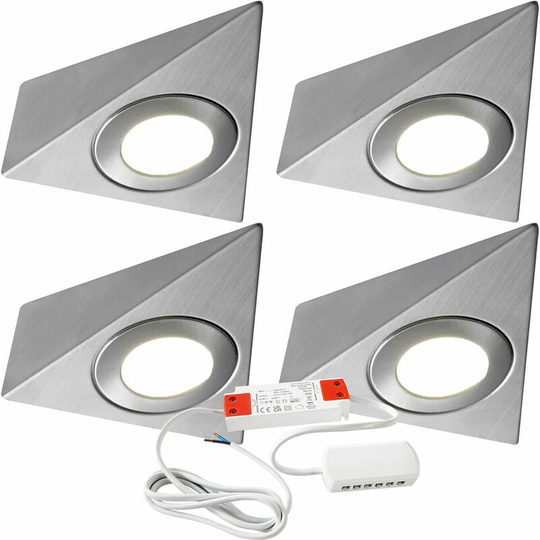 Loops - 4x brushed nickel Pyramid Surface Under Cabinet Kitchen Light & Driver Kit - Warm White led