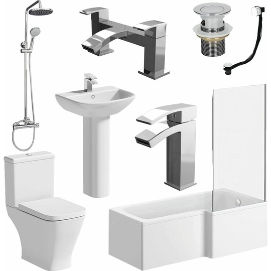 Bathroom Suite L Shaped RH Bath Panel Screen & Rail Basin Toilet Shower Taps Set