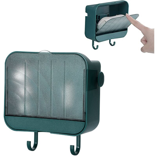 1 x Soap Dish, Each Soap Dish with 2 Hooks and Drain Tray (Green), Wall Mounted No Drilling Soap Dish, Strong Soap Dish for Bathroom and Kitchen Sink.