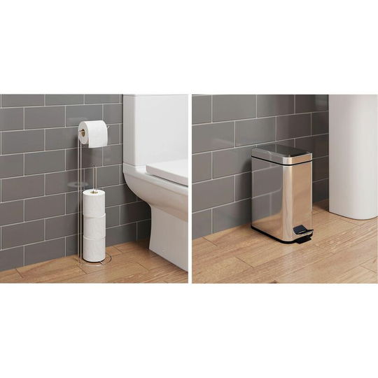 Bathroom wc Round Floor Standing Chrome Toilet Roll Holder 5L Square Bin Modern - Silver