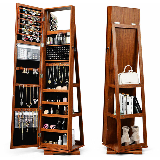 3-in-1 Jewelry Cabinet, Lockable Jewelry Armoire Storage Unit with Full Length Mirror and Display Shelf, Home Bedroom Dressing Room Cosmetics